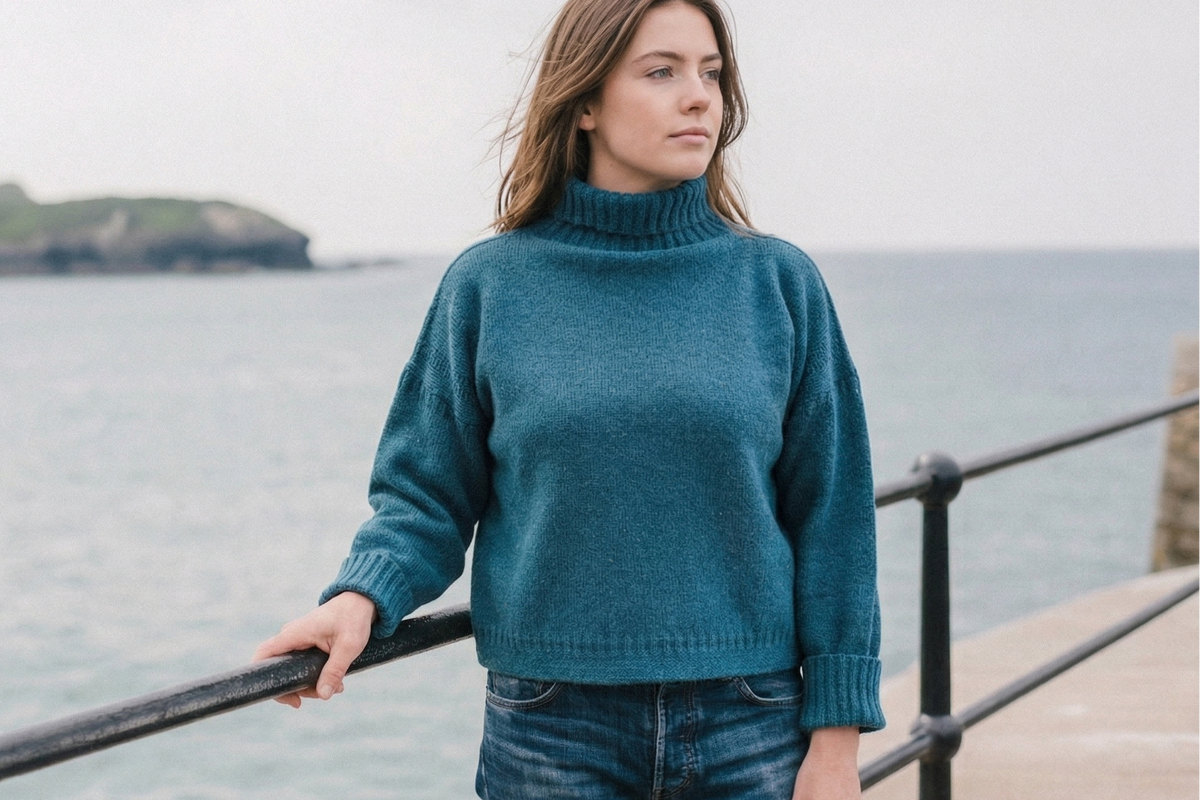 Woman wearing a teal sweater standing on a dock by a body of water